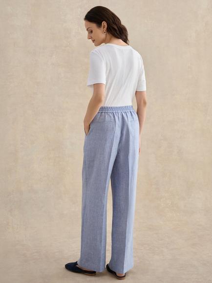 Hobbs Estella Wide Leg Pure Linen Trousers, Blue/White - view 2, Blue/White