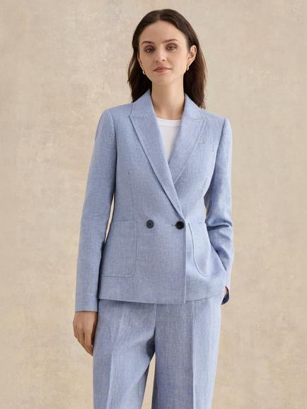 Hobbs Estella Pure Linen Jacket, Blue/White, Blue/White