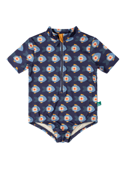 Little Green Radicals Kids Fish Print Short Sleeve Swimsuit, Blue, Blue