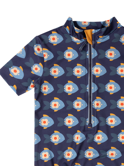 Little Green Radicals Kids Fish Print Short Sleeve Swimsuit, Blue - view 2, Blue