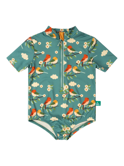 Little Green Radicals Baby Floral Bird Short Sleeve Swimsuit, Turquoise, Turquoise
