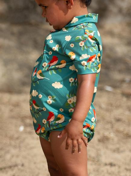 Little Green Radicals Baby Floral Bird Short Sleeve Swimsuit, Turquoise - view 2, Turquoise