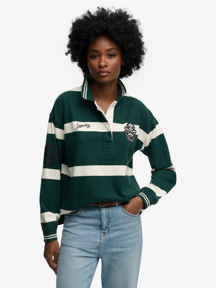 Superdry Crest Stripe Rugby Top, Pine Green/Ecru