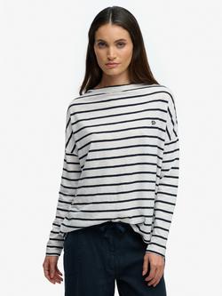 Superdry Studios Boat Neck Stripe Slub Long Sleeve Top, Optic/Navy Stripe, Optic/Navy Stripe