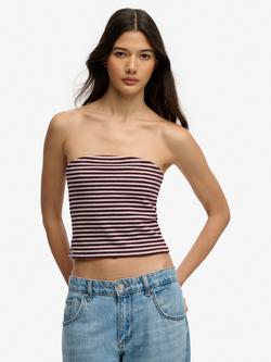 Superdry Athletic Essentials Stripe Jersey Bandeau Top, Port Red/Grey Marl, Port Red/Grey Marl