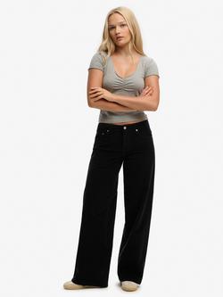 Superdry Mid Waist Baggy Mini Corduroy Trousers, Black, Black