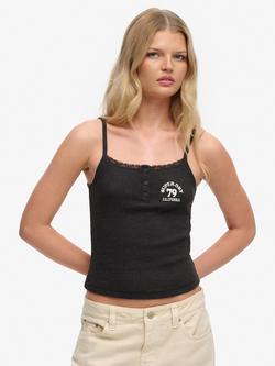Superdry Athletic Essentials Embroidered Button Cami Top, Charcoal Grey Marl, Charcoal Grey Marl
