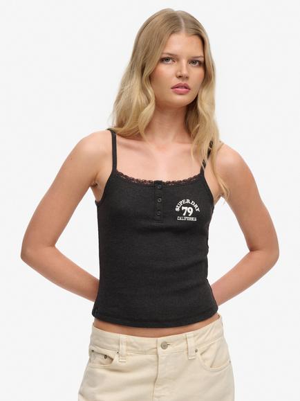 Superdry Athletic Essentials Embroidered Button Cami Top, Charcoal Grey Marl