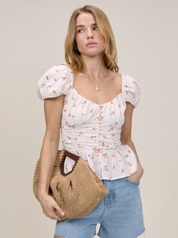 Nobody's Child Caia Ditsy Floral Puff Sleeve Ruched Cotton Top, White/Orange, White/Orange