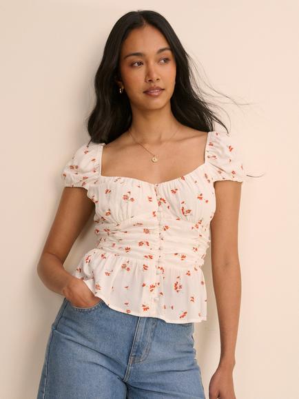 Nobody's Child Caia Ditsy Floral Puff Sleeve Ruched Cotton Top, White/Orange, White/Orange