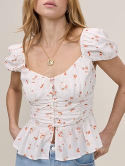 Nobody's Child Caia Ditsy Floral Puff Sleeve Ruched Cotton Top, White/Orange - view 2, White/Orange