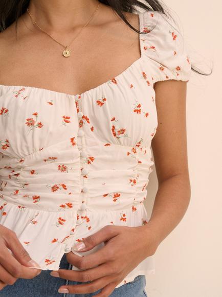 Nobody's Child Caia Ditsy Floral Puff Sleeve Ruched Cotton Top, White/Orange - view 2, White/Orange