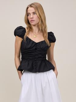 Nobody's Child Caia Puff Sleeve Ruched Cotton Top, Black, Black