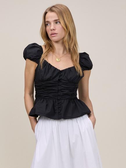 Nobody's Child Caia Puff Sleeve Ruched Cotton Top, Black, Black