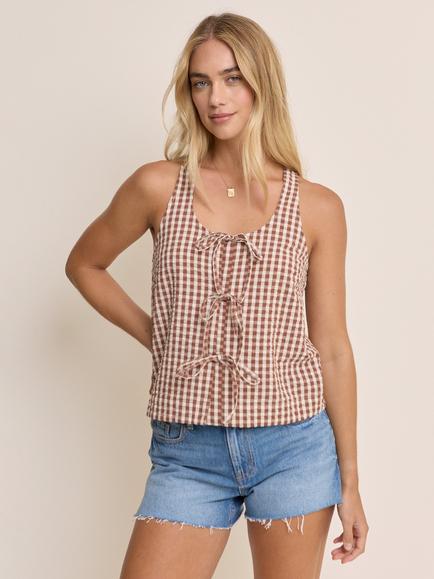 Nobody's Child Thea Gingham Cotton Seersucker Tie Front Blouse, Brown/White, Brown/White