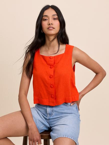 Nobody's Child Sammie Button Front Linen Blend Tank Top, White, Orange