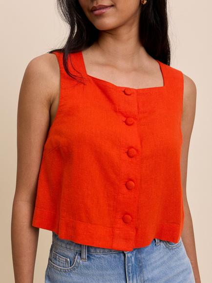 Nobody's Child Sammie Button Front Linen Blend Tank Top, White - view 2, Orange