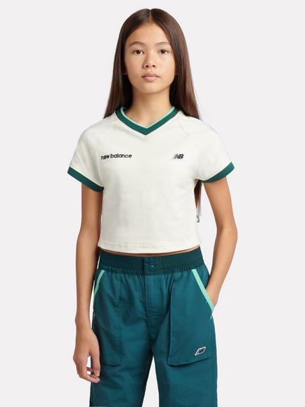 New Balance Kids' Cropped V-Neck T-Shirt, Cream, Cream