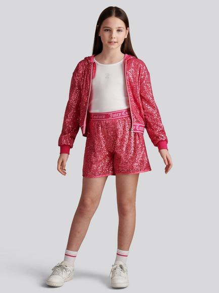 Juicy Couture Kids' Cropped Sequin Zip Through Hoodie, Fuchsia Purple - view 2, Fuchsia Purple