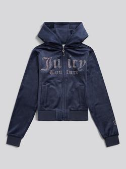 Juicy Couture Kids' Velour Diamante Zip-Through Hoodie, Night Sky, Night Sky