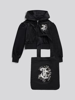 Juicy Couture Kids' Zip Through Hoodie and Tote Bag Set, Jet Black, Jet Black