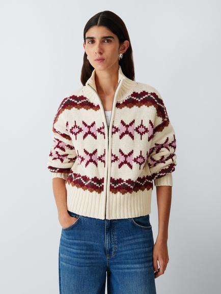 AND/OR Fair Isle Cotton Rich Zip Up Cardigan, Purple, Purple