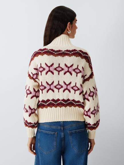 AND/OR Fair Isle Cotton Rich Zip Up Cardigan, Purple - view 2, Purple
