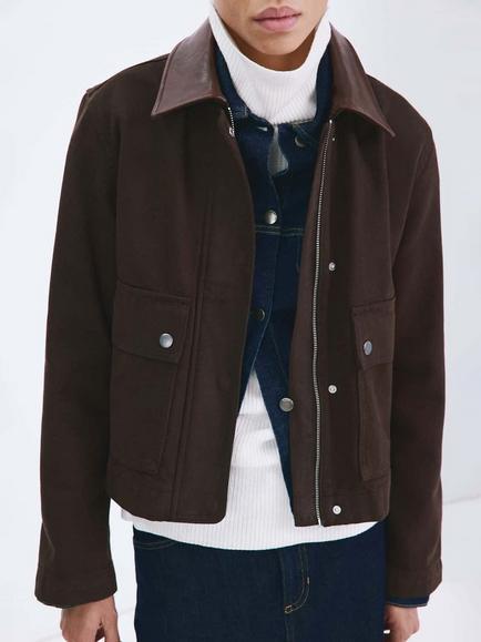 Mango Zip Front Boxy Fit Denim Jacket, Chocolate, Chocolate