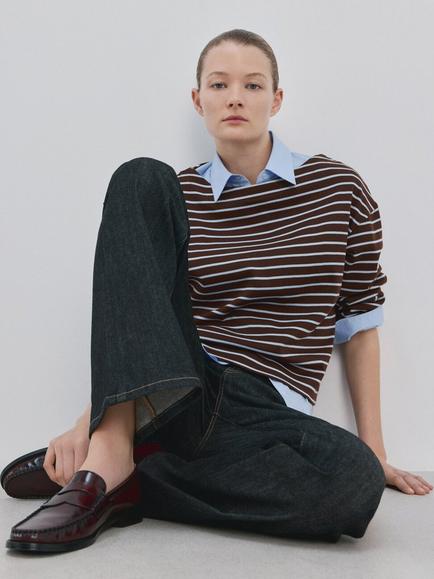 Mango Boat Neck Stripe Top, Chocolate