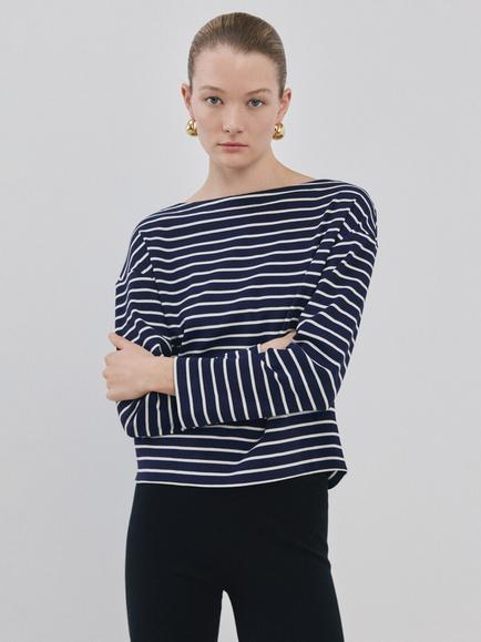 Mango Boat Neck Stripe Top, Navy