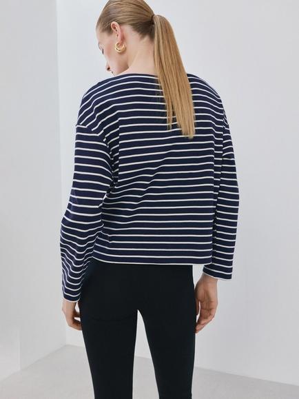 Mango Boat Neck Stripe Top - view 2, Navy