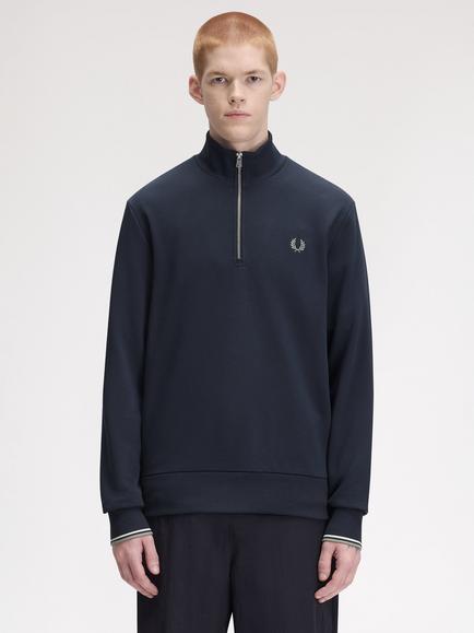 Fred Perry Cotton Half Zip Sweatshirt, Dkaf/Ecru/Seagrs, Dkaf/Ecru/Seagrs