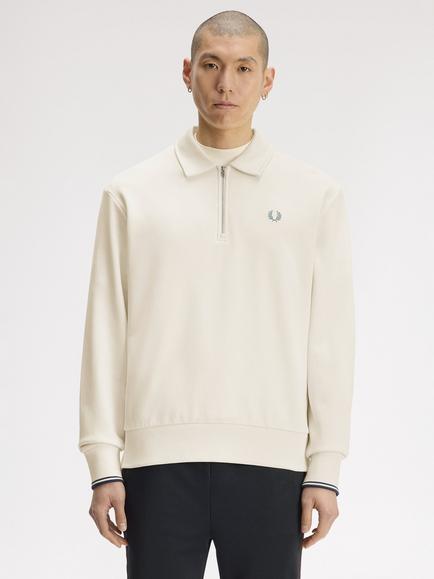Fred Perry Half Zip Collared Cotton Sweatshirt, Ecru, Ecru