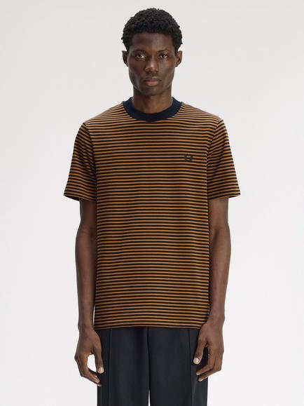 Fred Perry Fine Stripe Cotton T-Shirt, Dark Caramel, Dark Caramel