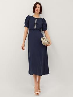 Monsoon Bonnie Bow Puff Sleeve Midi Dress, Navy, Navy