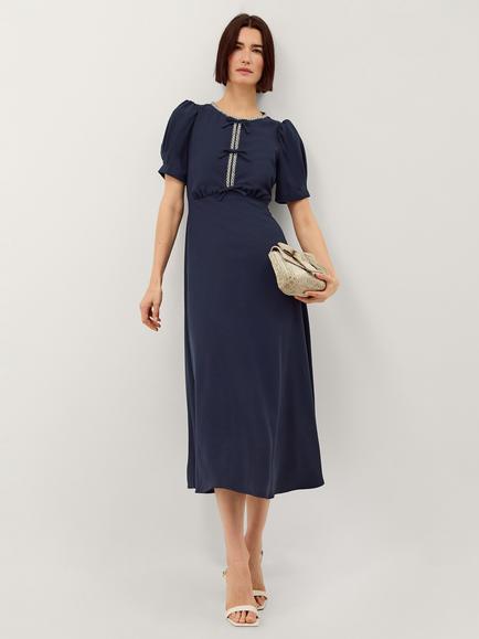 Monsoon Bonnie Bow Puff Sleeve Midi Dress, Navy, Navy
