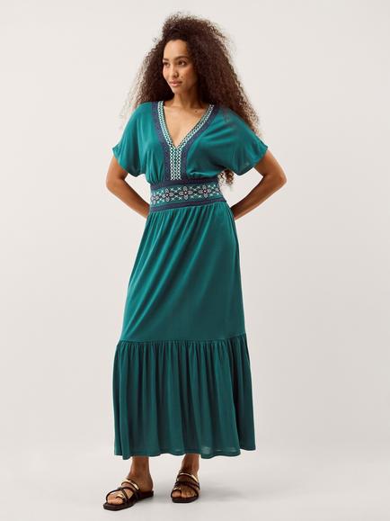 Monsoon Jacqui Embroidered Jersey Maxi Dress, Teal, Teal