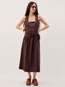 Monsoon Lily Pure Linen Square Neck Midi Dress, Chocolate, Chocolate