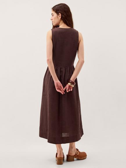 Monsoon Lily Pure Linen Square Neck Midi Dress, Chocolate - view 2, Chocolate