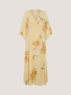 Monsoon Sukhi Floral Wrap Dress, Yellow, Yellow