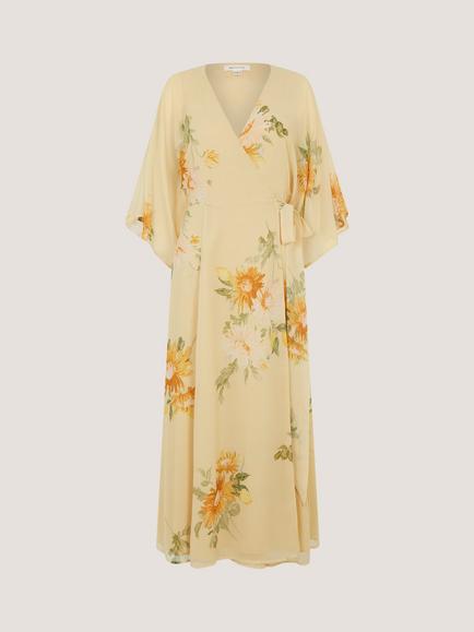 Monsoon Sukhi Floral Wrap Dress, Yellow, Yellow