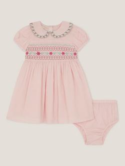 Monsoon Baby Embroidered Smock Dress Set, Pink, Pink