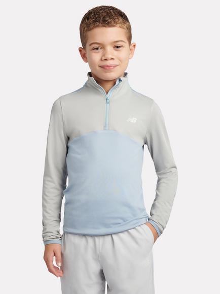 New Balance Kids' Contrast Panel Quarter Zip Funnel Top, Grey/Blue, Grey/Blue