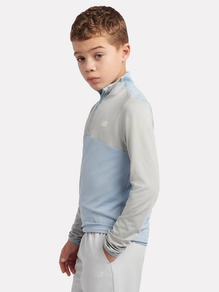 New Balance Kids' Contrast Panel Quarter Zip Funnel Top, Grey/Blue - view 2, Grey/Blue