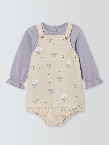 John Lewis Baby Corduroy Bows Pinafore Dress, Top & Bloomers Set, Grey Multi, Grey Multi