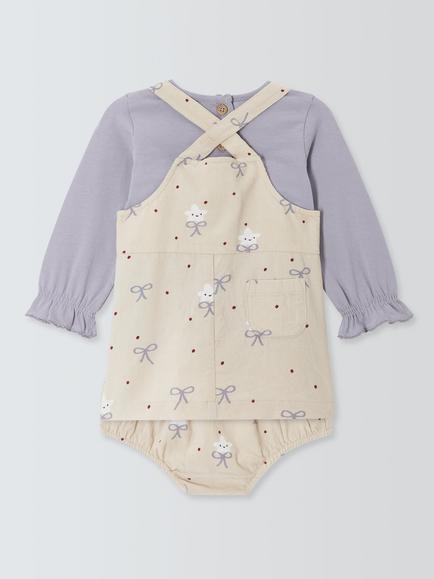John Lewis Baby Corduroy Bows Pinafore Dress, Top & Bloomers Set, Grey Multi - view 2, Grey Multi