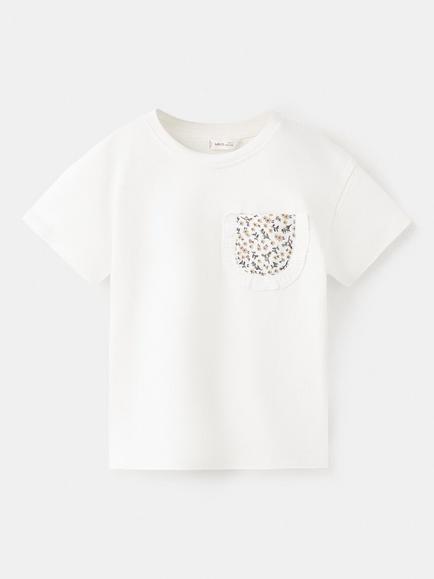Mango Kids' Cotton Floral Pocket T-Shirt, Off White, Off White