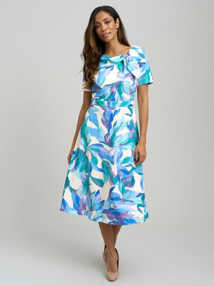 Gina Bacconi Parker Tie Neck Floral Dress, Blue/Multi, Blue/Multi