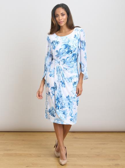Gina Bacconi Harmony Floral Chiffon Sleeve Dress, Blue/White, Blue/White