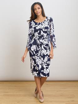 Gina Bacconi Harmony Floral Ruched Dress, Navy/White, Navy/White